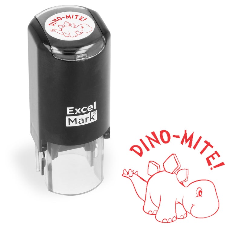 ExcelMark Round Teacher Stamp - Dino-MITE! - RED Ink - Image 1